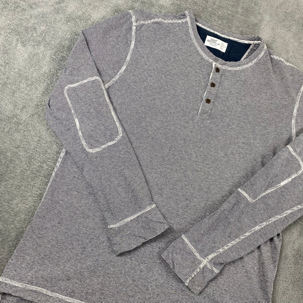 David Beckham H&M Mens Medium Henley Shirt Blue Striped Linen Blend Elbow Patch